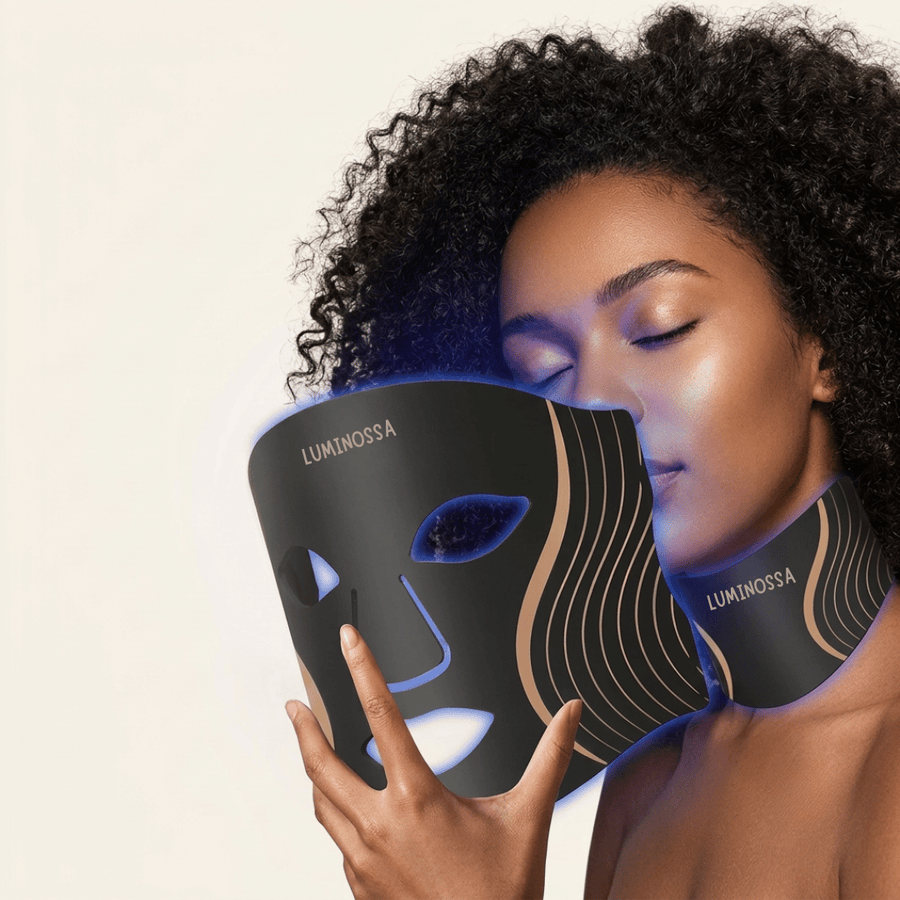 Woman wearing Omnilux LED Face Mask